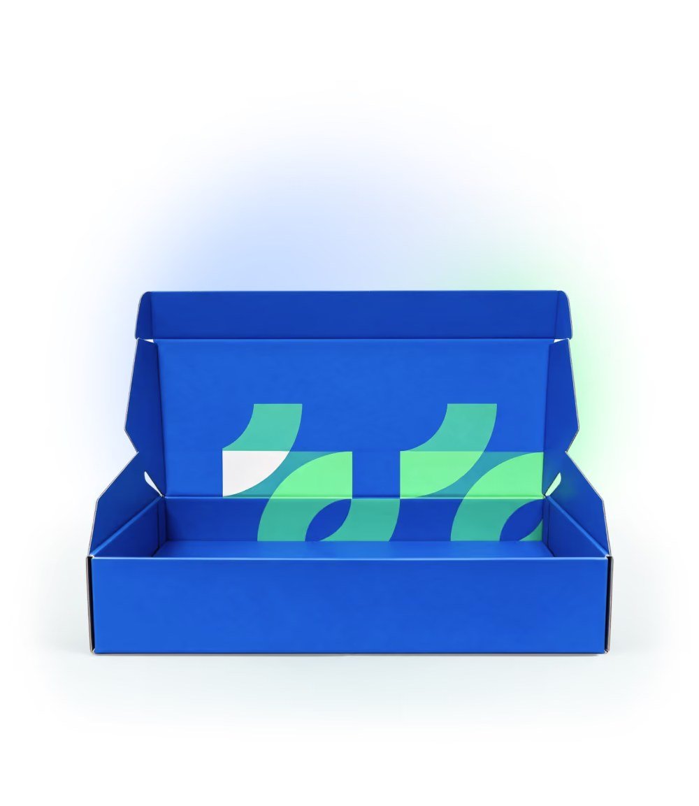 Blue pharmacy mailer box open on a white background