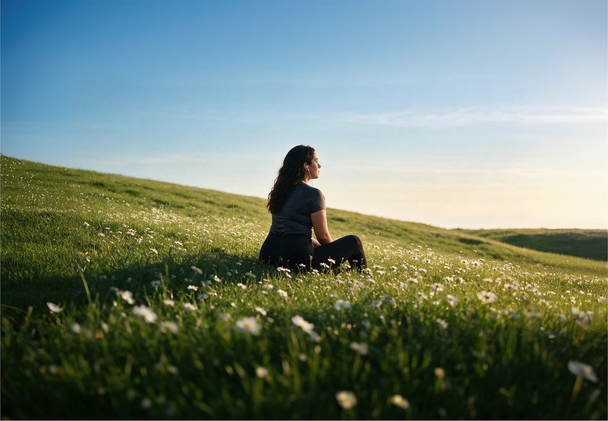 Woman sitting peacefully in a wildflower meadow at golden hour