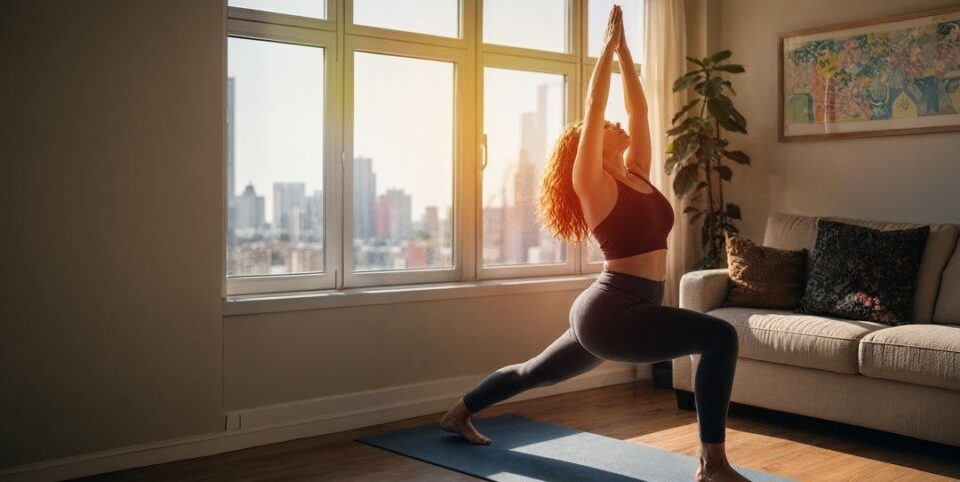 Woman practising yoga in a bright apartment with city views at golden hour